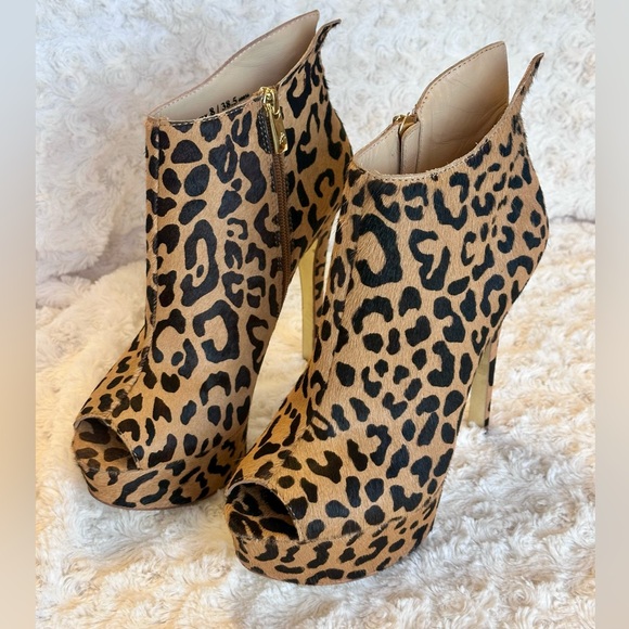 Chinese Laundry Kristin Cavallari Animal Print Leather Open Toe Bootie Heels - Picture 3 of 11